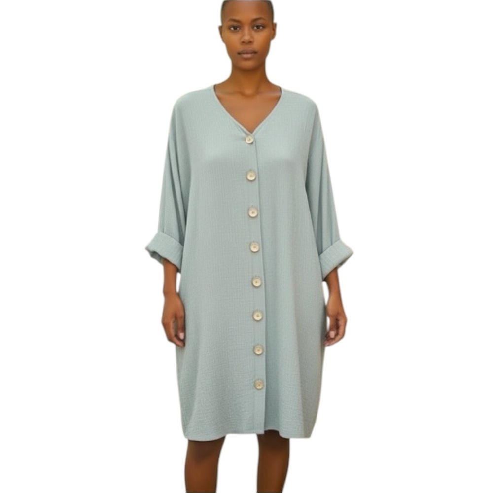 Chetta B Button-Front Midi Dress Sage Green Crinkle Sz 10 Coastal Minimalist